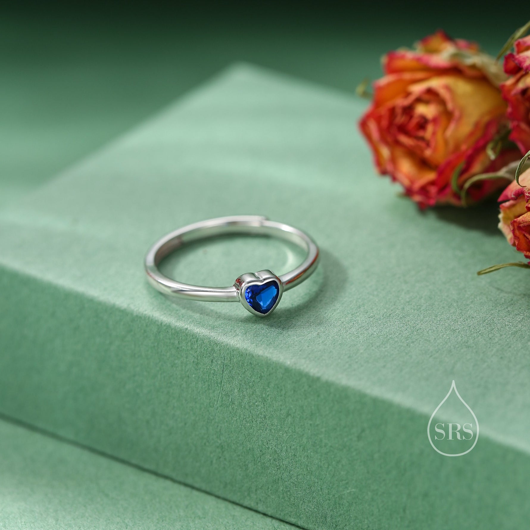 Sterling Silver Very Tiny Sapphire Blue CZ Heart Ring, Adjustable Size, Blue Heart Ring, Tiny Heart Ring, Tiny Blue CZ Heart Ring