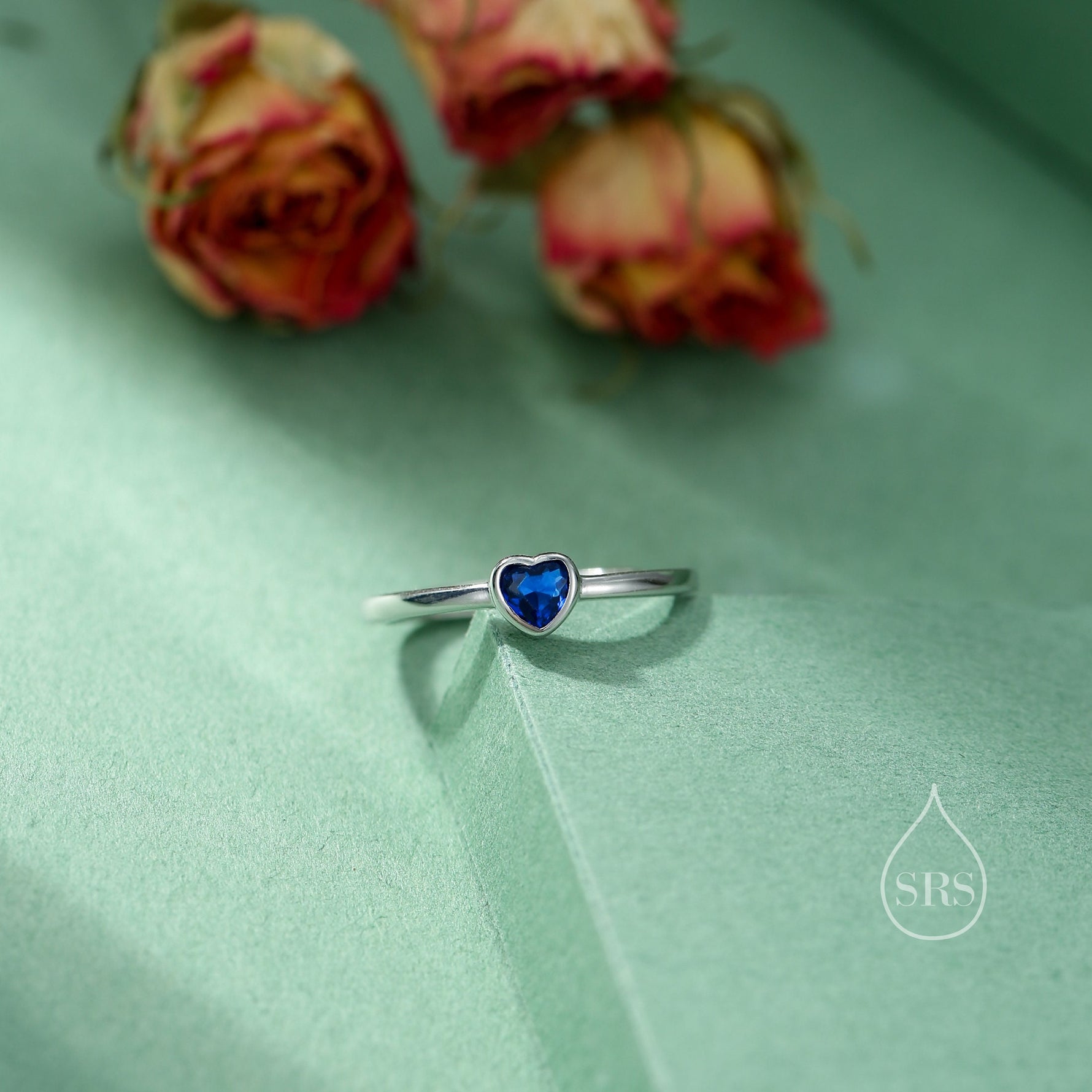 Sterling Silver Very Tiny Sapphire Blue CZ Heart Ring, Adjustable Size, Blue Heart Ring, Tiny Heart Ring, Tiny Blue CZ Heart Ring