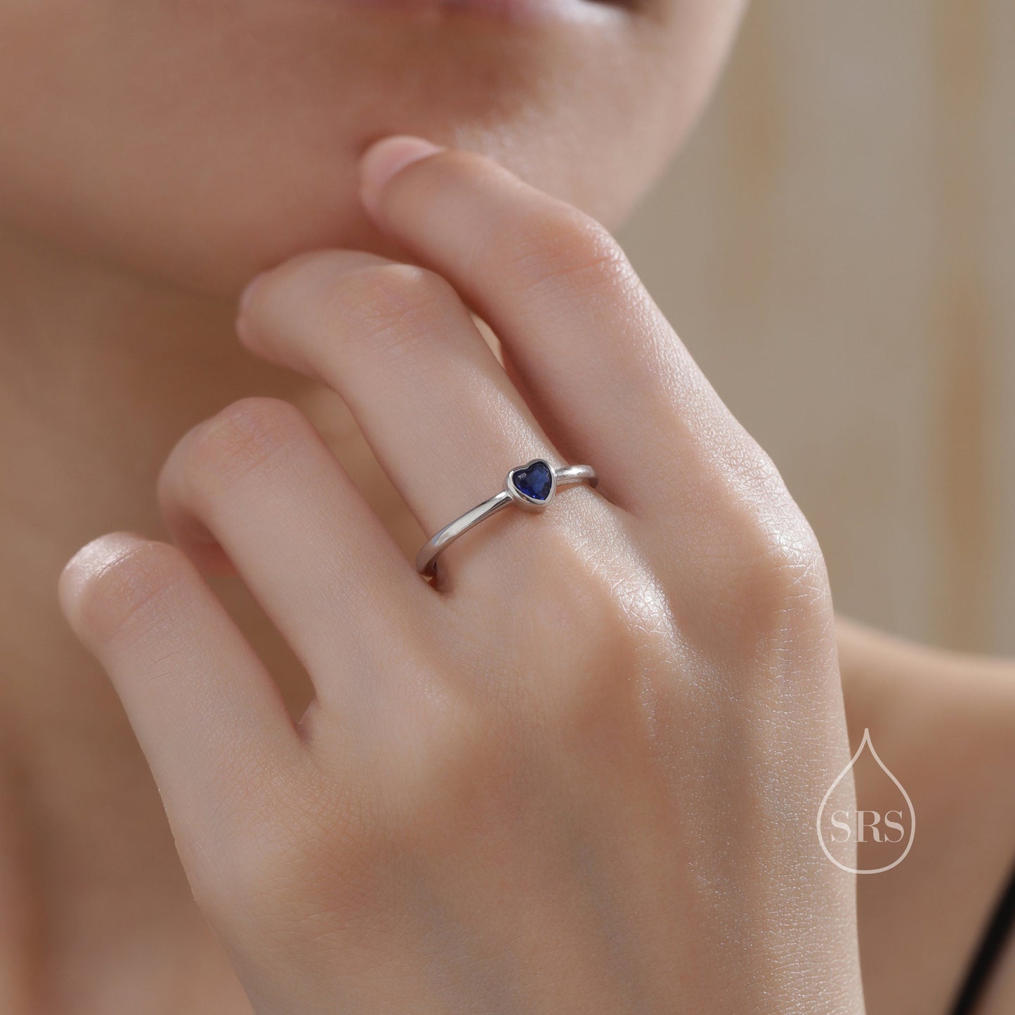 Sterling Silver Very Tiny Sapphire Blue CZ Heart Ring, Adjustable Size,  Blue Heart Ring, Tiny Heart Ring, Tiny Blue CZ Heart Ring