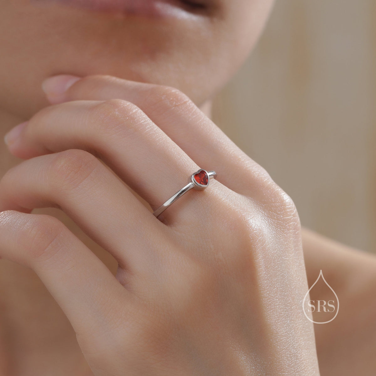 Sterling Silver Very Tiny Garnet Red CZ Heart Ring, Adjustable Size, Red Heart Ring, Tiny Heart Ring, Tiny Red CZ Heart Ring