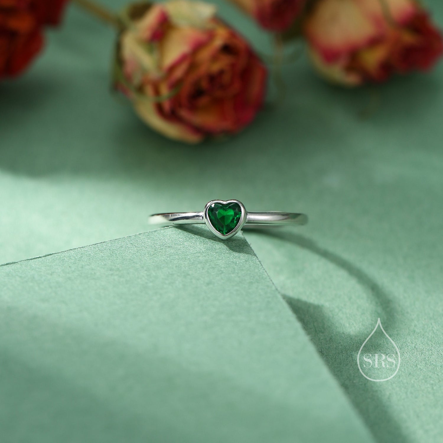 Tiny Green CZ Heart Gemstone Ring