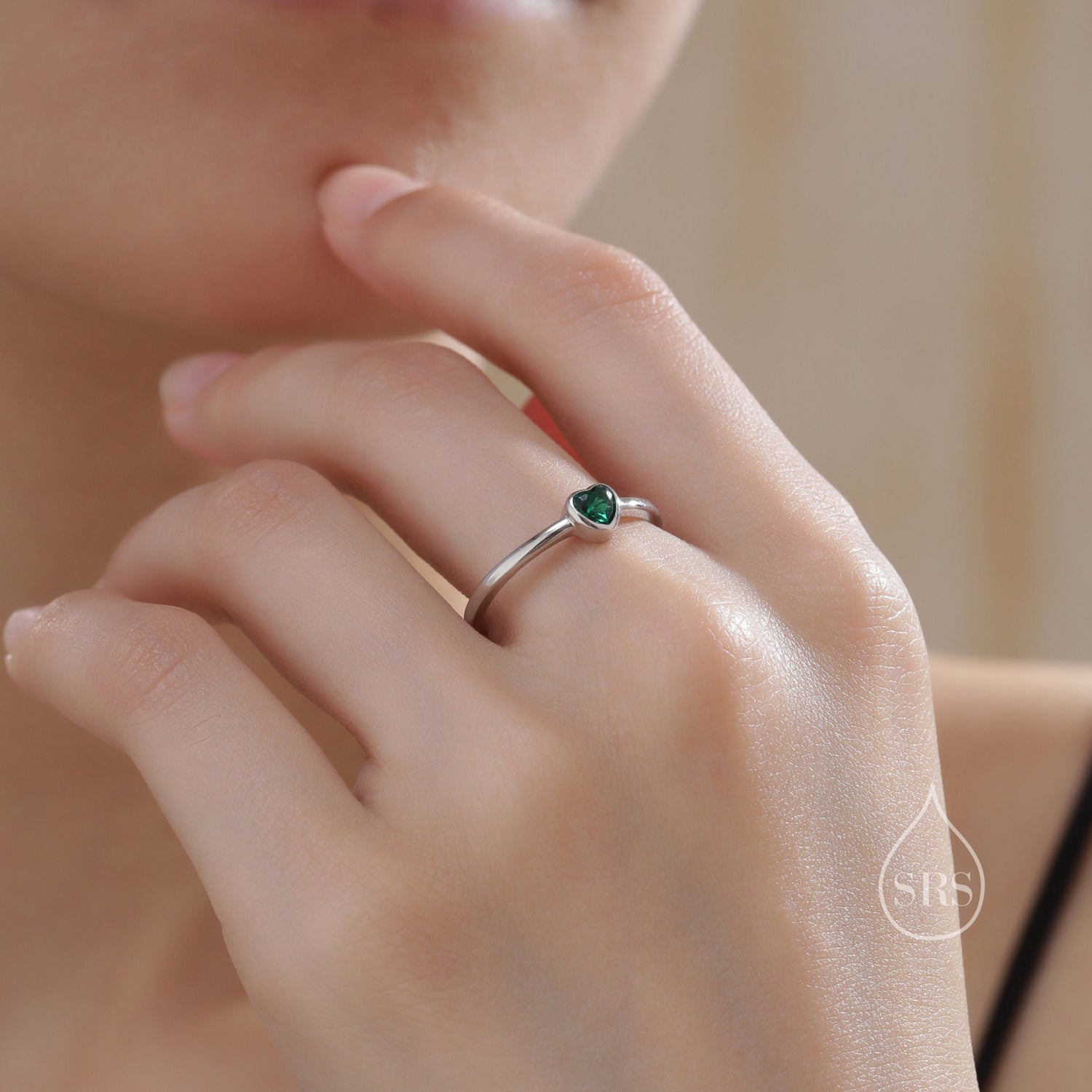 Tiny Green CZ Heart Gemstone Ring