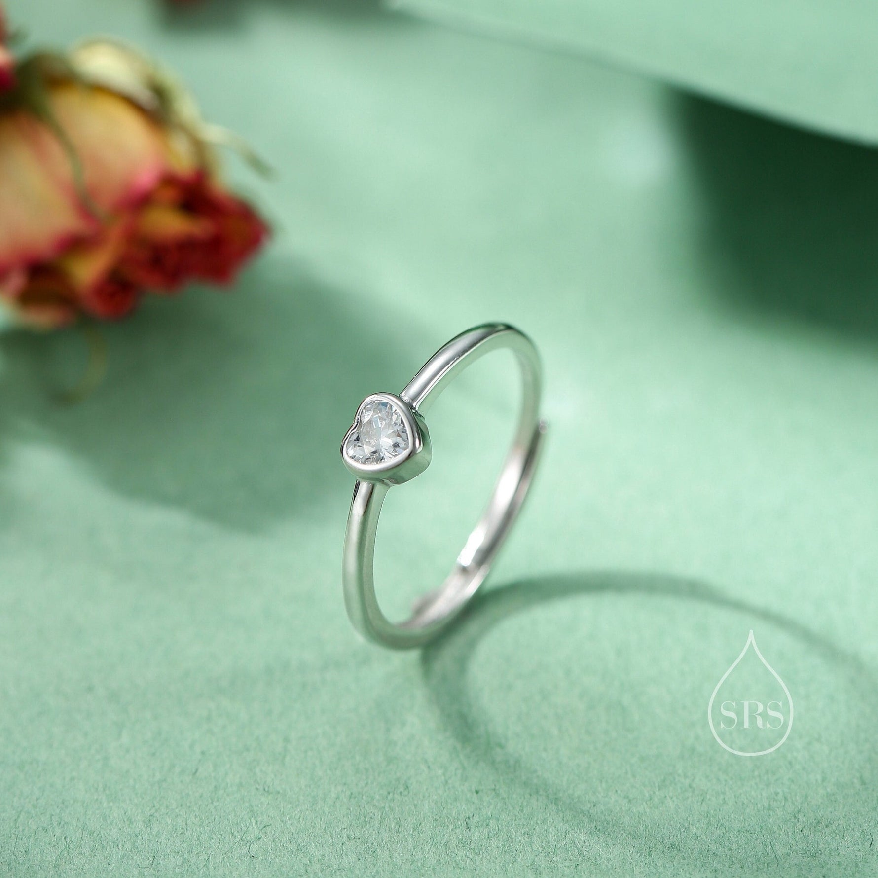 Sterling Silver Very Tiny CZ Heart Ring, Adjustable Size, Small Heart Ring, Tiny Heart Ring, Tiny CZ Heart Ring