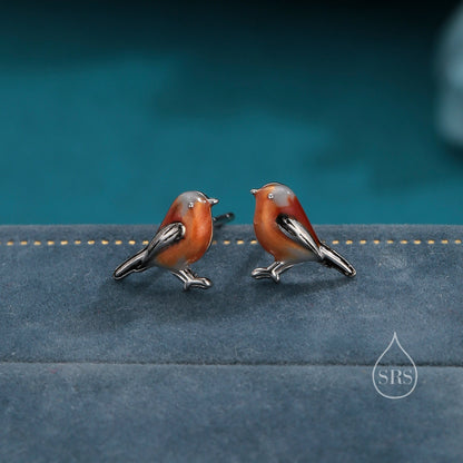 Hand Painted Robin Bird Stud Earrings in Sterling Silver, Dainty British Bird Earrings, Nature Inspired Animal Earrings