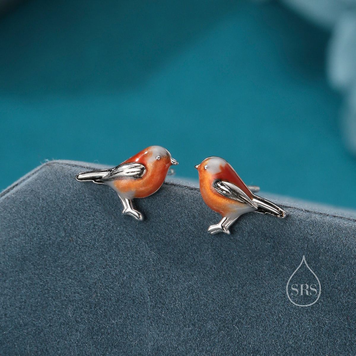 Hand Painted Robin Bird Stud Earrings in Sterling Silver, Dainty British Bird Earrings, Nature Inspired Animal Earrings
