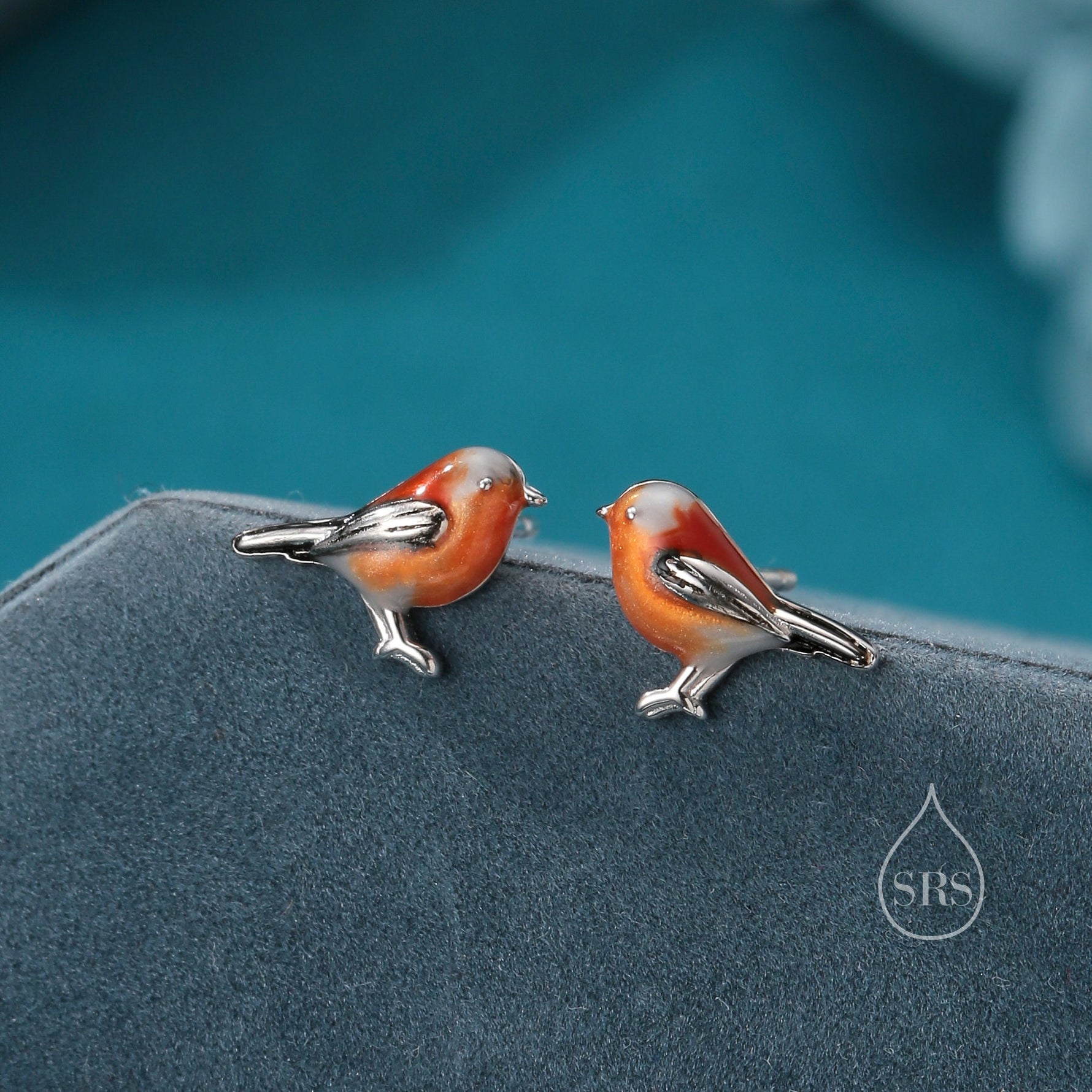 Hand Painted Robin Bird Stud Earrings in Sterling Silver, Dainty British Bird Earrings, Nature Inspired Animal Earrings