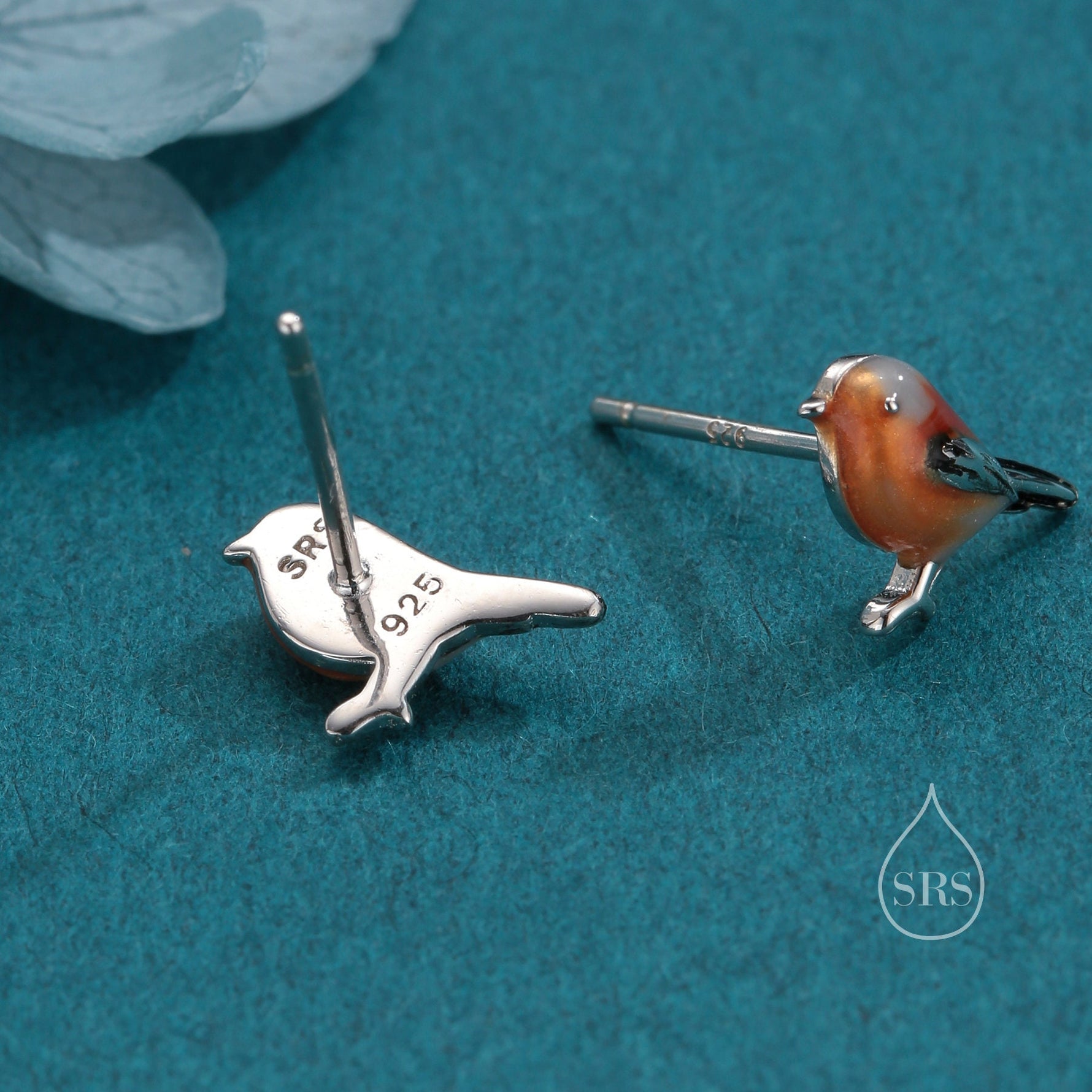 Hand Painted Robin Bird Stud Earrings in Sterling Silver, Dainty British Bird Earrings, Nature Inspired Animal Earrings