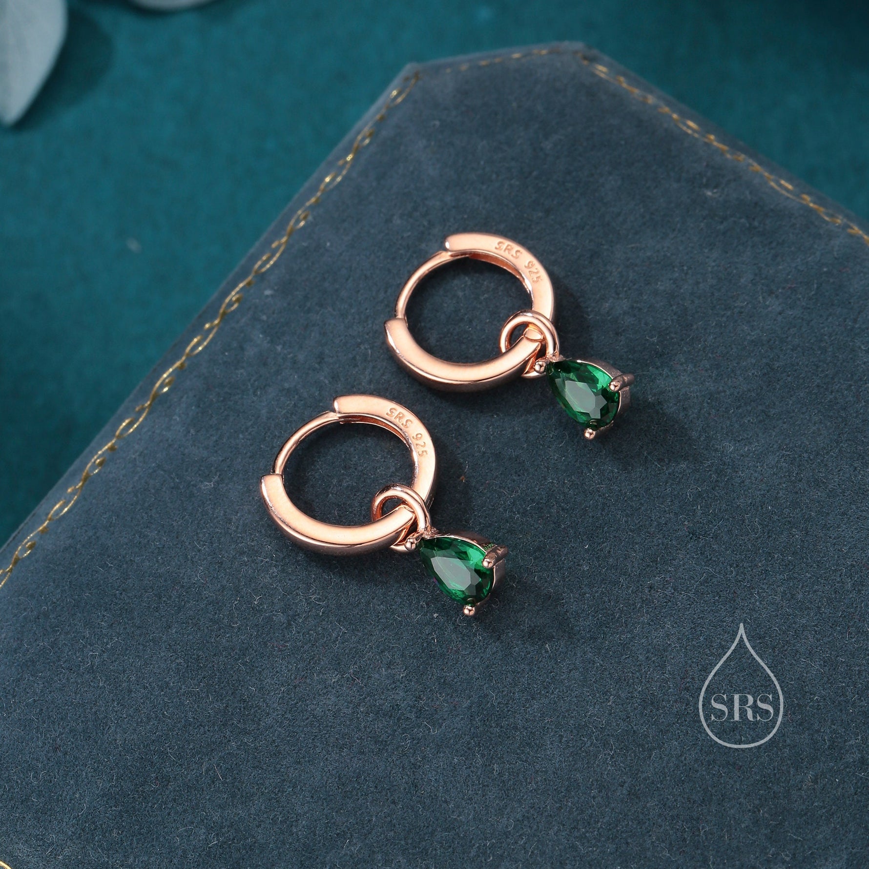 Sterling Silver Emerald Green CZ Droplet Hoop Earrings, Silver, Gold or Rose Gold, Pear Cut Drop Earrings, Interchangeable Charms
