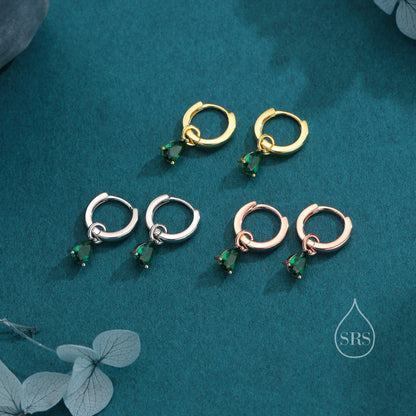 Sterling Silver Emerald Green CZ Droplet Hoop Earrings, Silver, Gold or Rose Gold, Pear Cut Drop Earrings, Interchangeable Charms