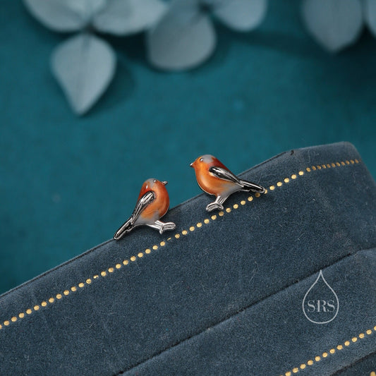 Hand Painted Robin Bird Stud Earrings in Sterling Silver, Dainty British Bird Earrings, Nature Inspired Animal Earrings