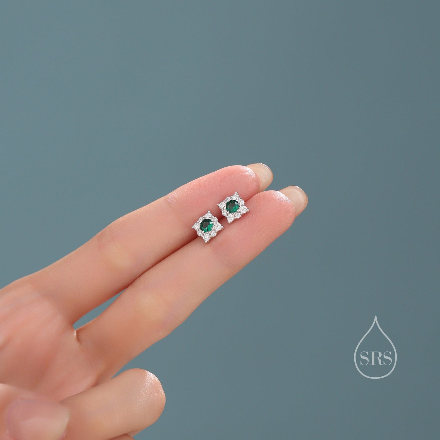 Tiny Emerald Green CZ Halo Stud Earrings in Sterling Silver, Silver or Gold, Vintage Inspired, Tiny CZ Stud Earrings, May Birthstone