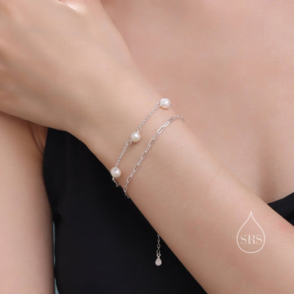 Double Layer Natural Pearl Beaded Bracelet in Sterling Silver with Paperclip Chain, Two Layer Satellite Genuine Freshwater Pearl Bracelet