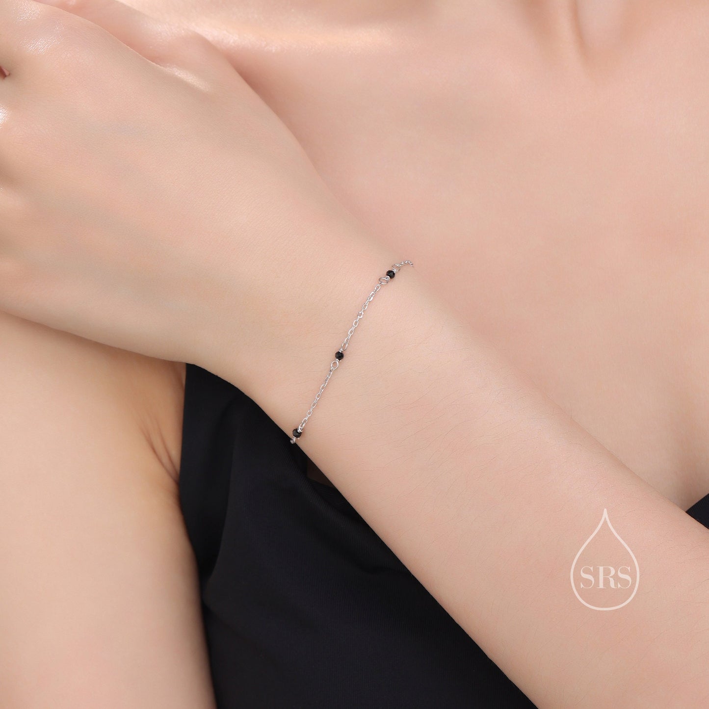 2mm Black Spinel Beaded Satellite Chain Bracelet in Sterling Silver, Silver or Gold, Minimalist Geometric Style