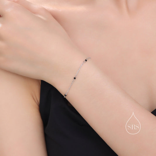 2mm Black Spinel Beaded Satellite Chain Bracelet in Sterling Silver, Silver or Gold, Minimalist Geometric Style