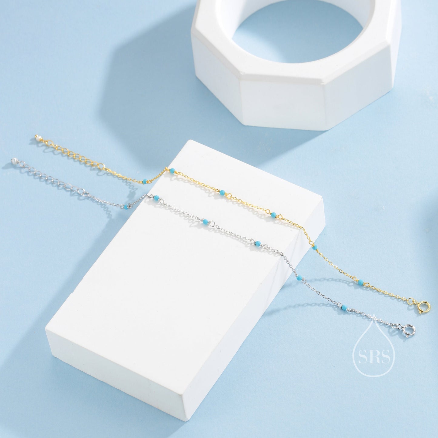 2mm Turquoise Beaded Satellite Chain Bracelet in Sterling Silver, Silver or Gold,  Minimalist Geometric Style