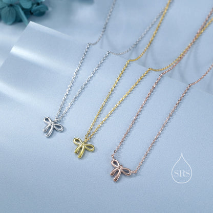 Extra Tiny Ribbon Bow Pendant Necklace in Sterling Silver, Ribbon Bow Necklace, Silver or Gold or Rose Gold - Cute Quirky and Fun