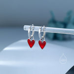 Enamel Glaze Heart Earrings in Sterling Silver, Red or Blue, Detachable Heart Charm Dangle Hoop Earrings, Interchangeable