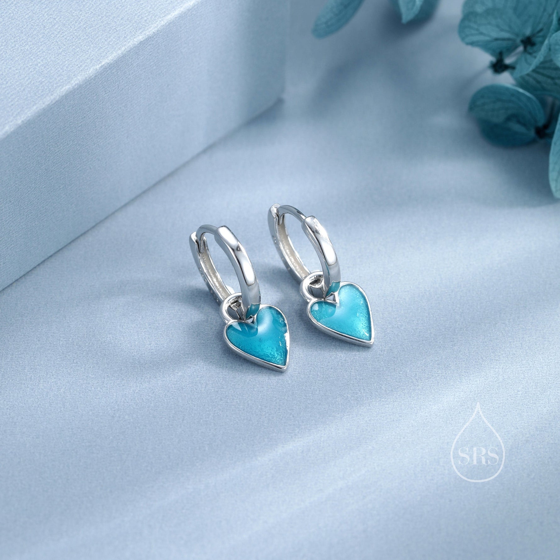 Enamel Glaze Heart Earrings in Sterling Silver, Red or Blue, Detachable Heart Charm Dangle Hoop Earrings, Interchangeable