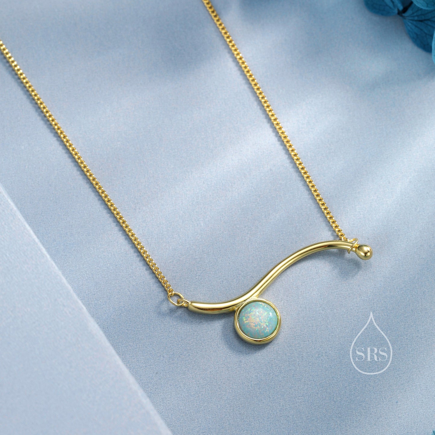 Aqua Green Opal Wave Pendant Necklace in Sterling Silver, Silver or Gold, Opal Wave Necklace, Lab Opal Necklace