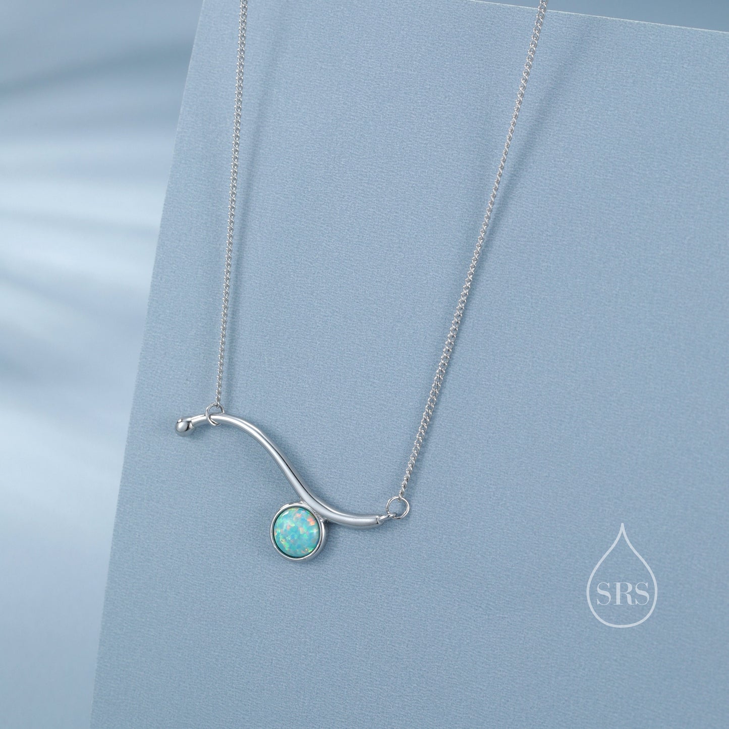 Aqua Green Opal Wave Pendant Necklace in Sterling Silver, Silver or Gold, Opal Wave Necklace, Lab Opal Necklace