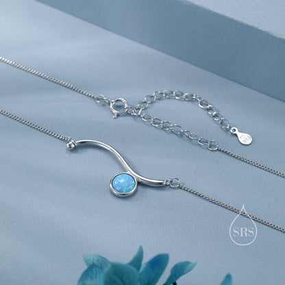 Blue Opal Wave Pendant Necklace in Sterling Silver, Silver or Gold, Opal Wave Necklace, Lab Opal Necklace