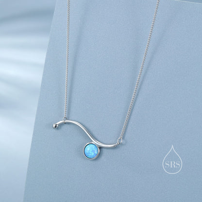 Blue Opal Wave Pendant Necklace in Sterling Silver, Silver or Gold, Opal Wave Necklace, Lab Opal Necklace