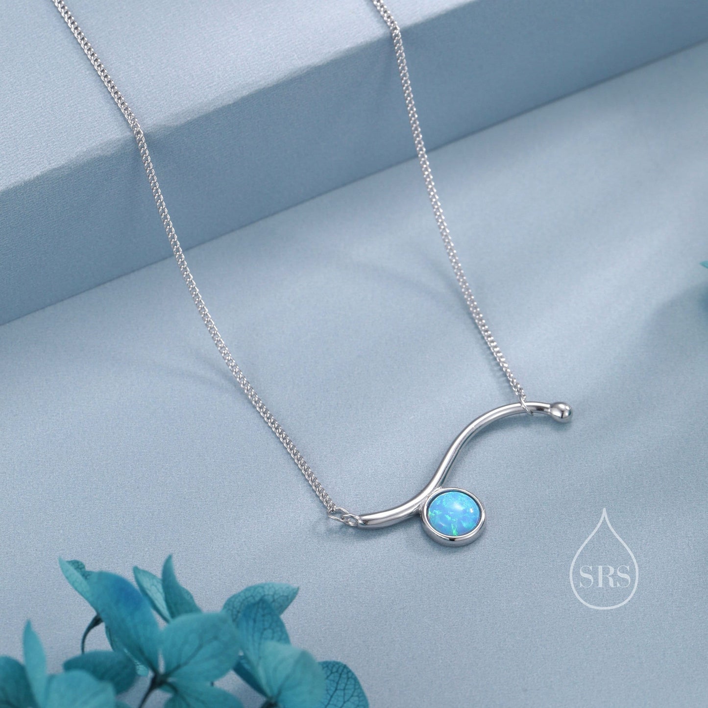 Blue Opal Wave Pendant Necklace in Sterling Silver, Silver or Gold, Opal Wave Necklace, Lab Opal Necklace