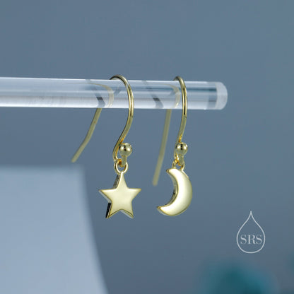 Asymmetric Moon and Star Dangle Drop Hook Earrings in Sterling Silver, Silver or Gold or Rose Gold, Tiny Moon and Star Dangle Earrings