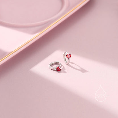 Delicate Garnet Red CZ Heart Huggie Hoop in Sterling Silver, Silver or Gold Garnet Red Hoops, 8mm Inner Diameter, Stacking Earrings,