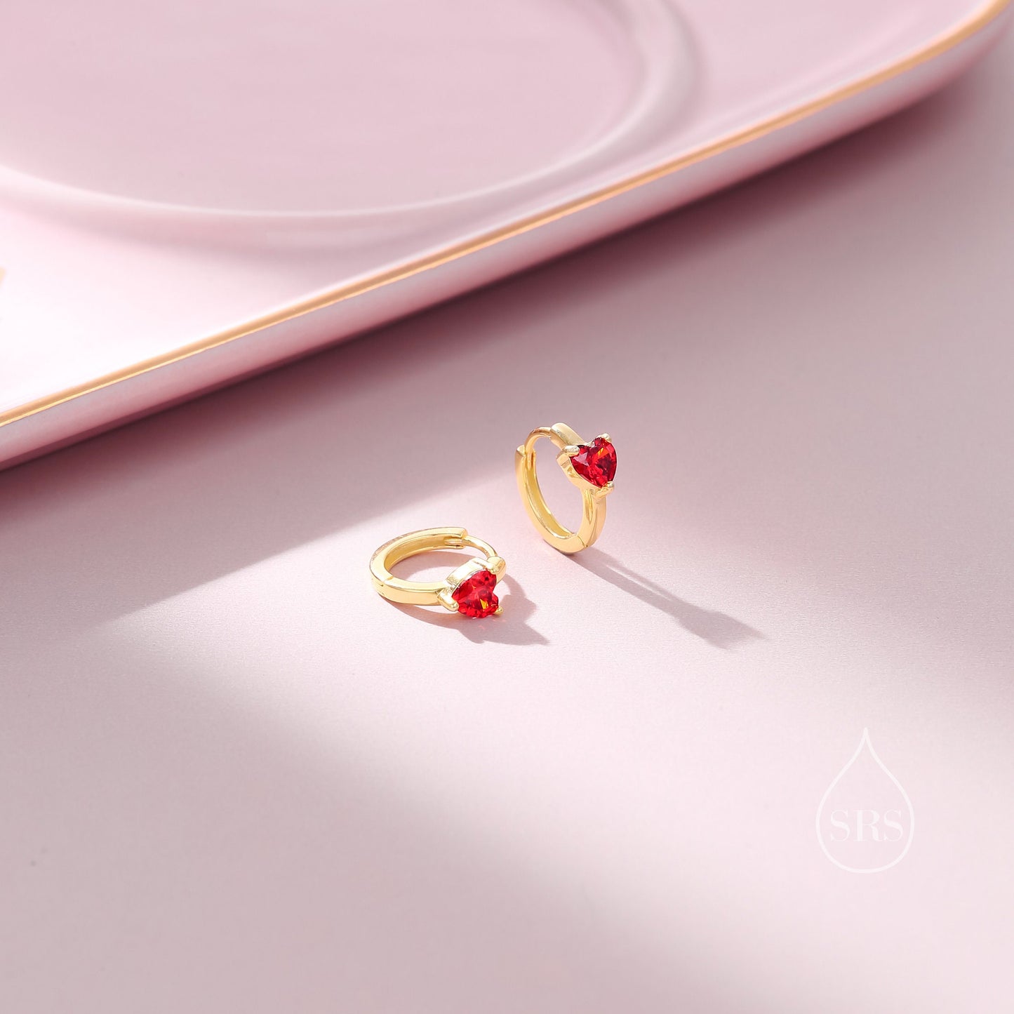 Delicate Garnet Red CZ Heart Huggie Hoop in Sterling Silver, Silver or Gold Garnet Red Hoops, 8mm Inner Diameter, Stacking Earrings,