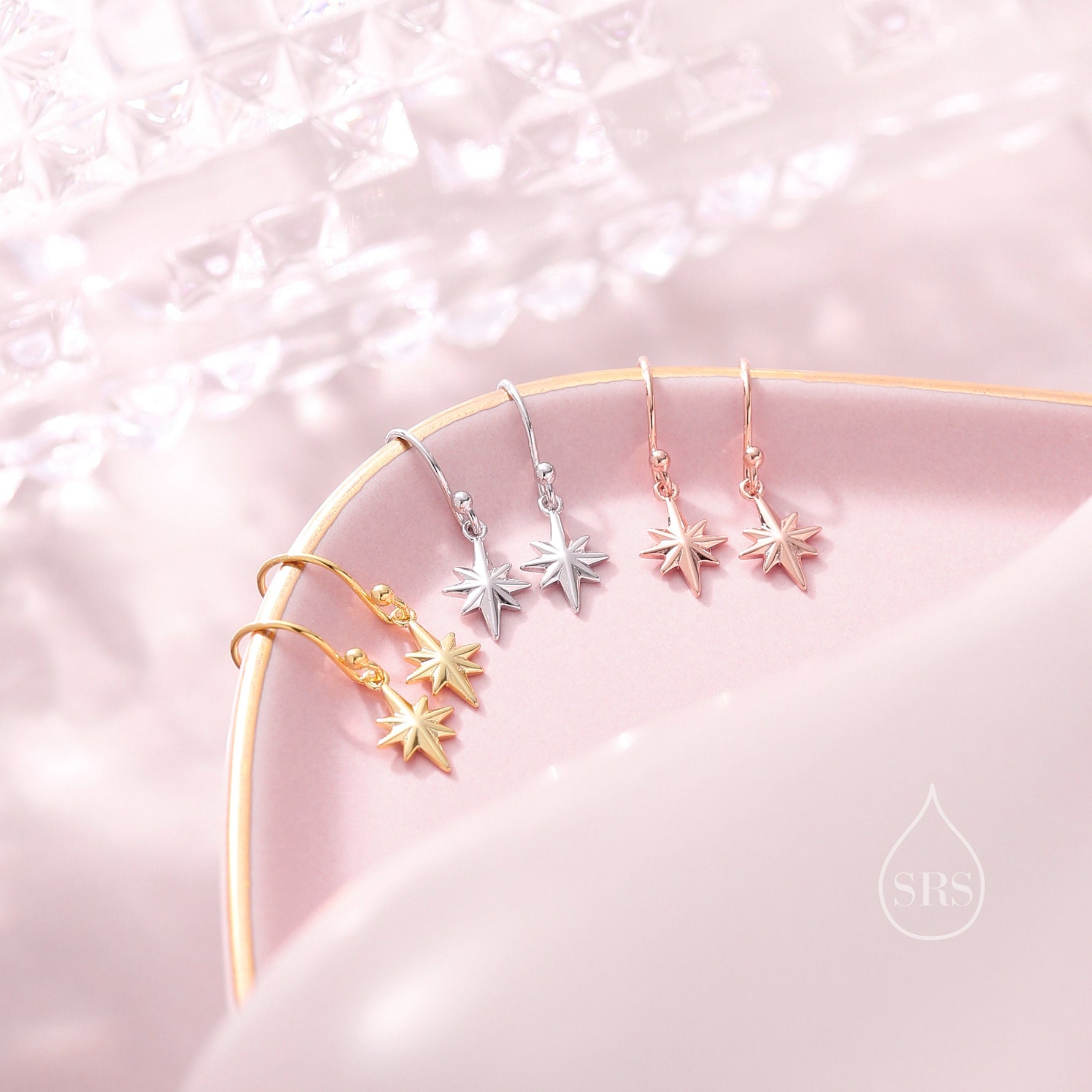Minimalist Starburst Dangle Drop Hook Earrings in Sterling Silver, Silver or Gold or Rose Gold, Tiny North Star Dangle Earrings, Star
