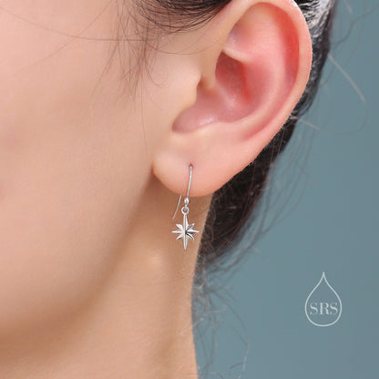 Minimalist Starburst Dangle Drop Hook Earrings in Sterling Silver, Silver or Gold or Rose Gold, Tiny North Star Dangle Earrings, Star