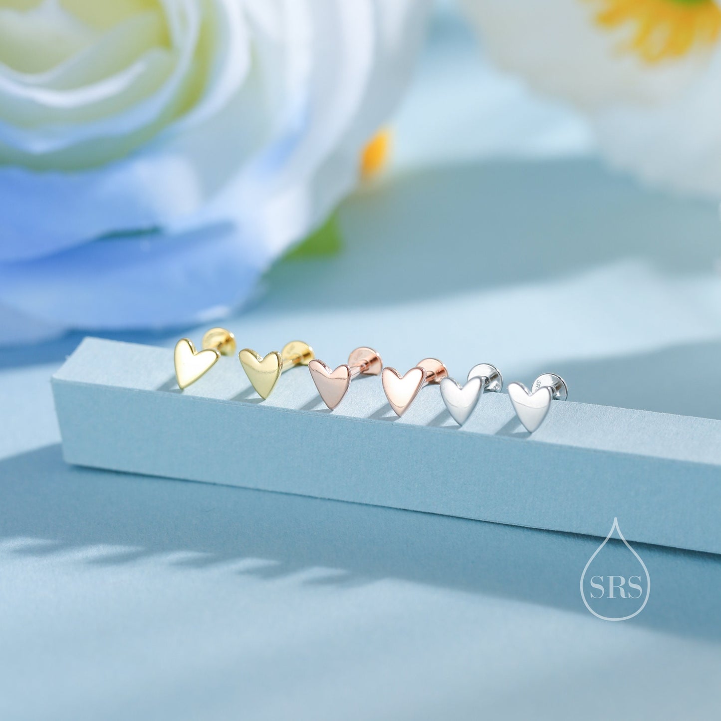 Tiny Heart Internally Threaded Flat Back/Screw back(Barbell)/ Stud Earrings in Sterling Silver, Piercing Jewellery, Heart Flat Back Earrings