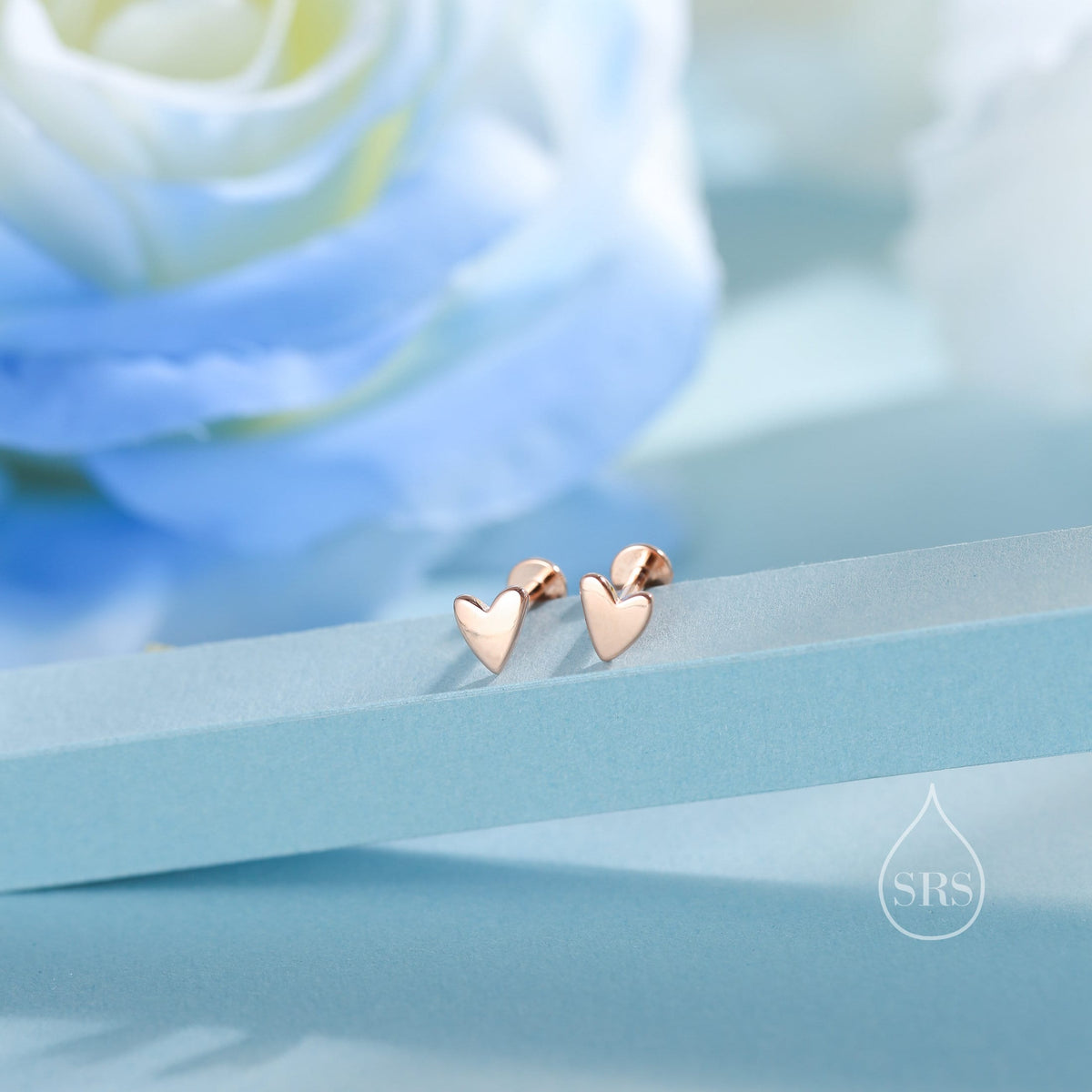 Tiny Heart Internally Threaded Flat Back/Screw back(Barbell)/ Stud Earrings in Sterling Silver, Piercing Jewellery, Heart Flat Back Earrings