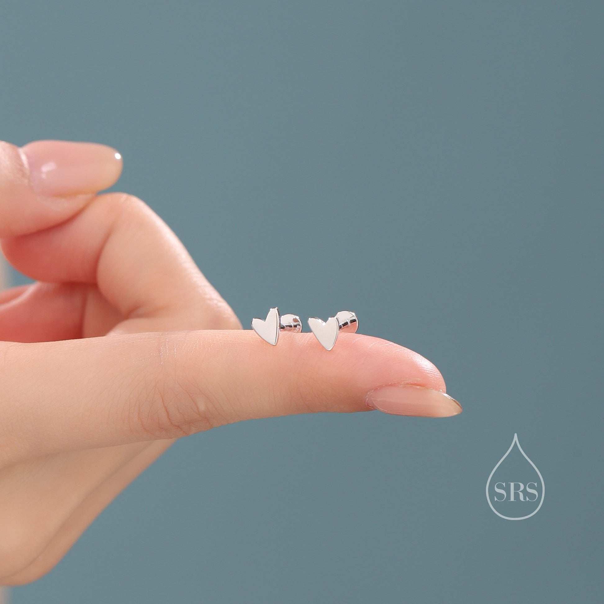 Tiny Heart Internally Threaded Flat Back/Screw back(Barbell)/ Stud Earrings in Sterling Silver, Piercing Jewellery, Heart Flat Back Earrings