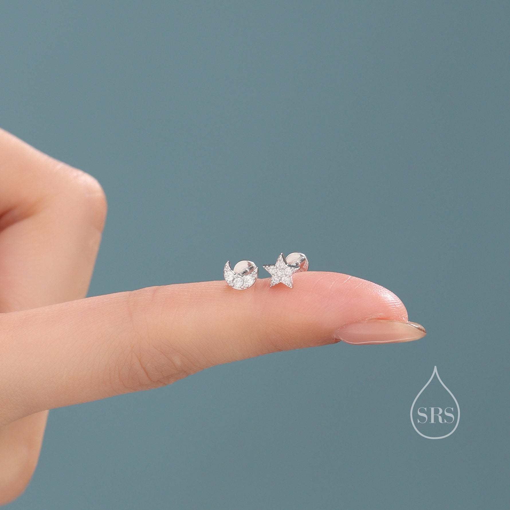 Tiny Mismatched Moon and Star 16G Internally Threaded Flat Back Earrings