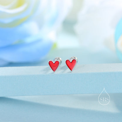 Red Enamel Glaze Heart Screwback Earrings in Sterling Silver, Delicate Heart Earrings, Heart Barbell Earrings, Screw Back