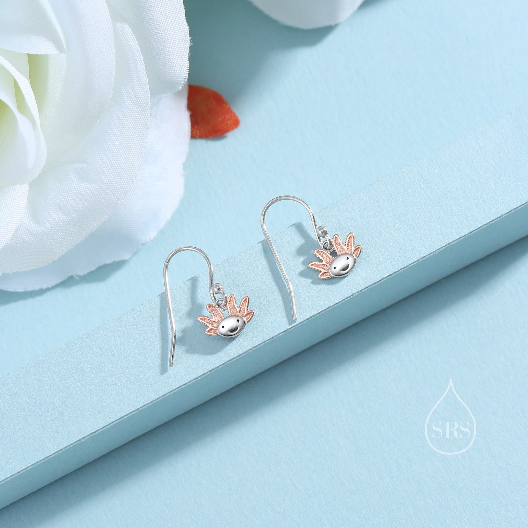 Axolotl Drop Hook Earrings in Sterling Silver - Sea Creature Dangle Drop Earrings - Pet Lover - Cute, Fun, Whimsical