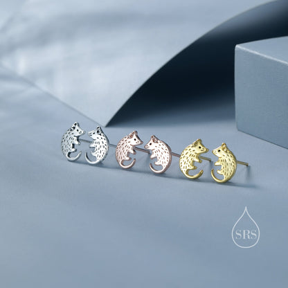 Tiny Opposum Stud Earrings in Sterling Silver, Silver or Gold or Rose Gold, Cute Opposum Mouse Earrings, Silver Rodent Earrings