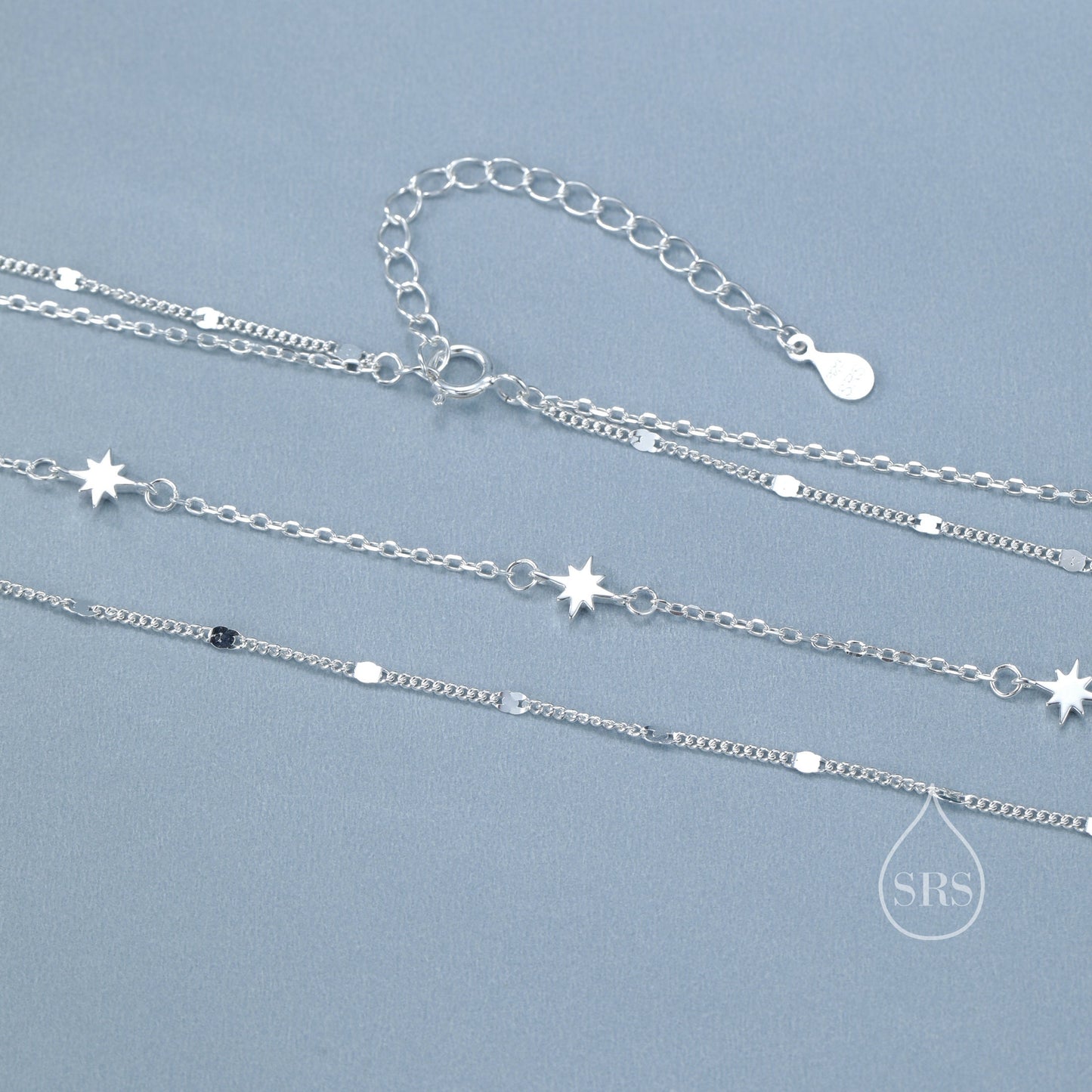 Double Layer Tiny Starburst Charm Necklace in Sterling Silver with Sparkle Chain, Star Motif Two Layer Necklace, Adjustable Length