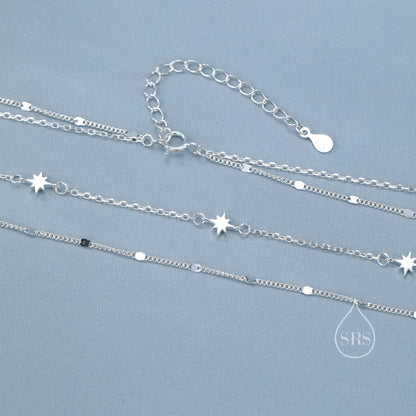 Double Layer Tiny Starburst Charm Necklace in Sterling Silver with Sparkle Chain, Star Motif Two Layer Necklace, Adjustable Length