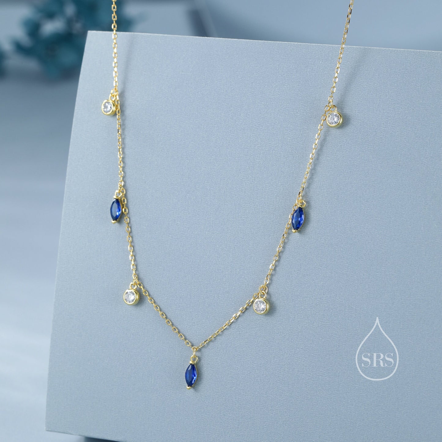 Sapphire Blue Marquise CZ Dangle Necklace in Sterling Silver, Silver or Gold, Satellite Crystal Necklace, Solid Silver Motif Necklace