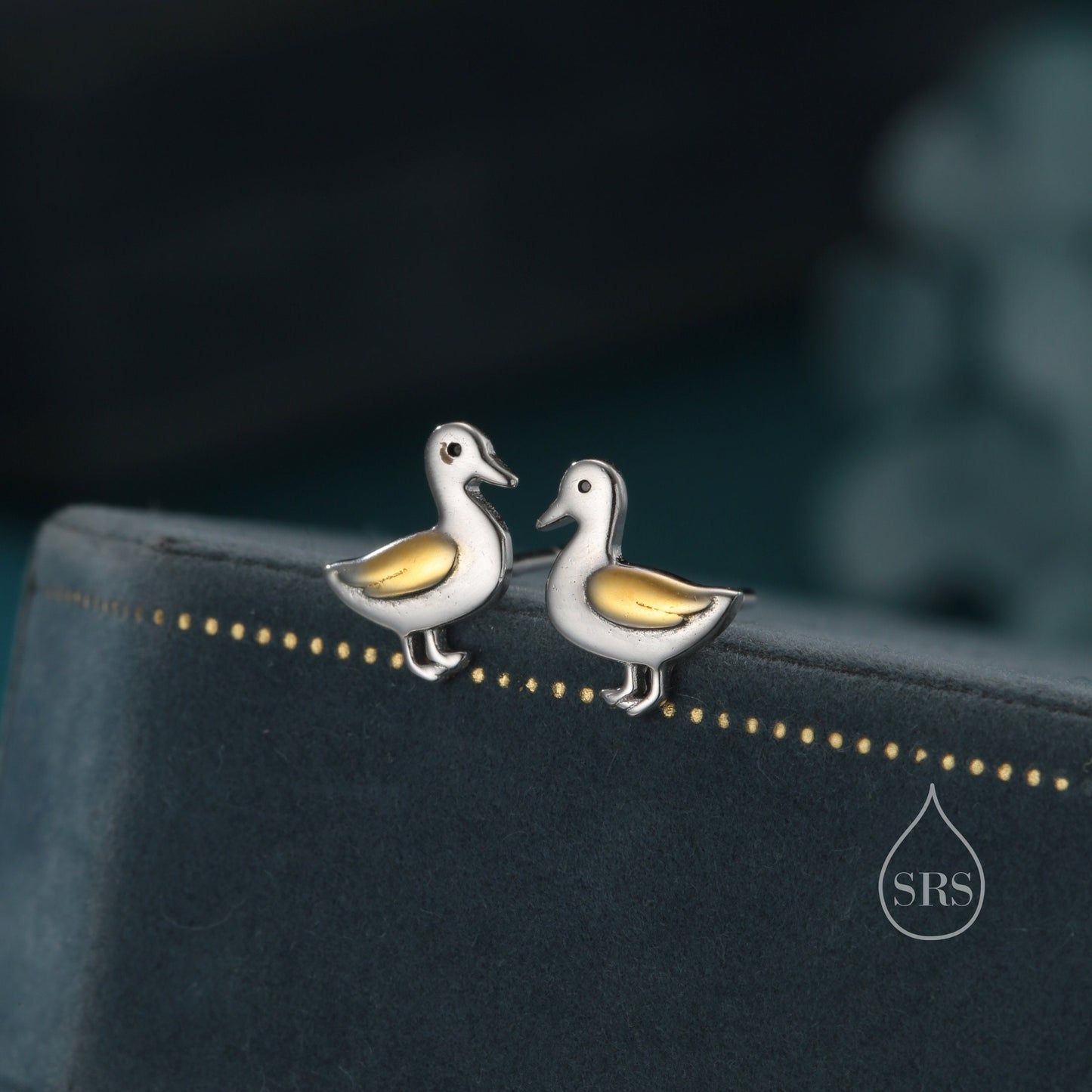 Cute Duck Stud Earrings in Sterling Silver,  Two Tone Duck Earrings, Cute Duck Earrings