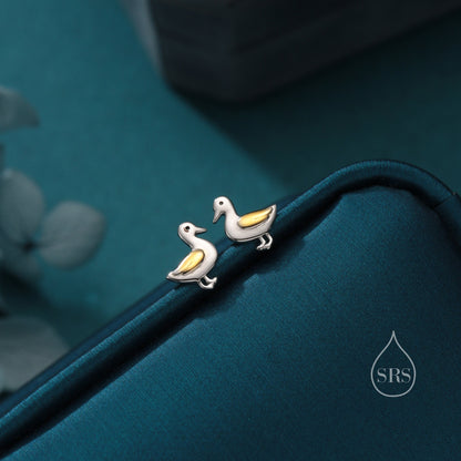 Cute Duck Stud Earrings in Sterling Silver,  Two Tone Duck Earrings, Cute Duck Earrings