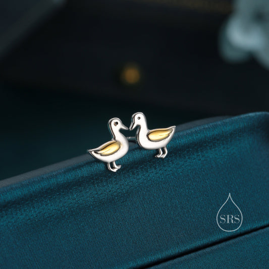 Cute Duck Stud Earrings in Sterling Silver, Bird Earrings, Two Tone Duck Earrings, Cute Duck Earrings
