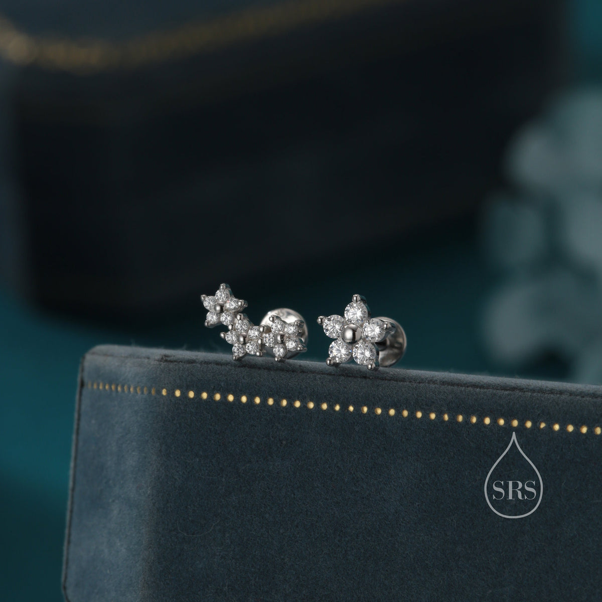 Asymmetric Forget Me Not Flower Bouquet CZ 16G Internally Threaded Flat Back Earrings in Sterling Silver