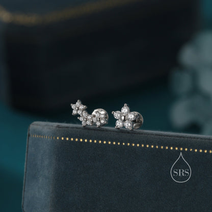 Internally Threaded Asymmetric Forget Me Not Flower Bouquet Flat Back Earrings in Sterling Silver, Silver, Gold or Rose Gold,