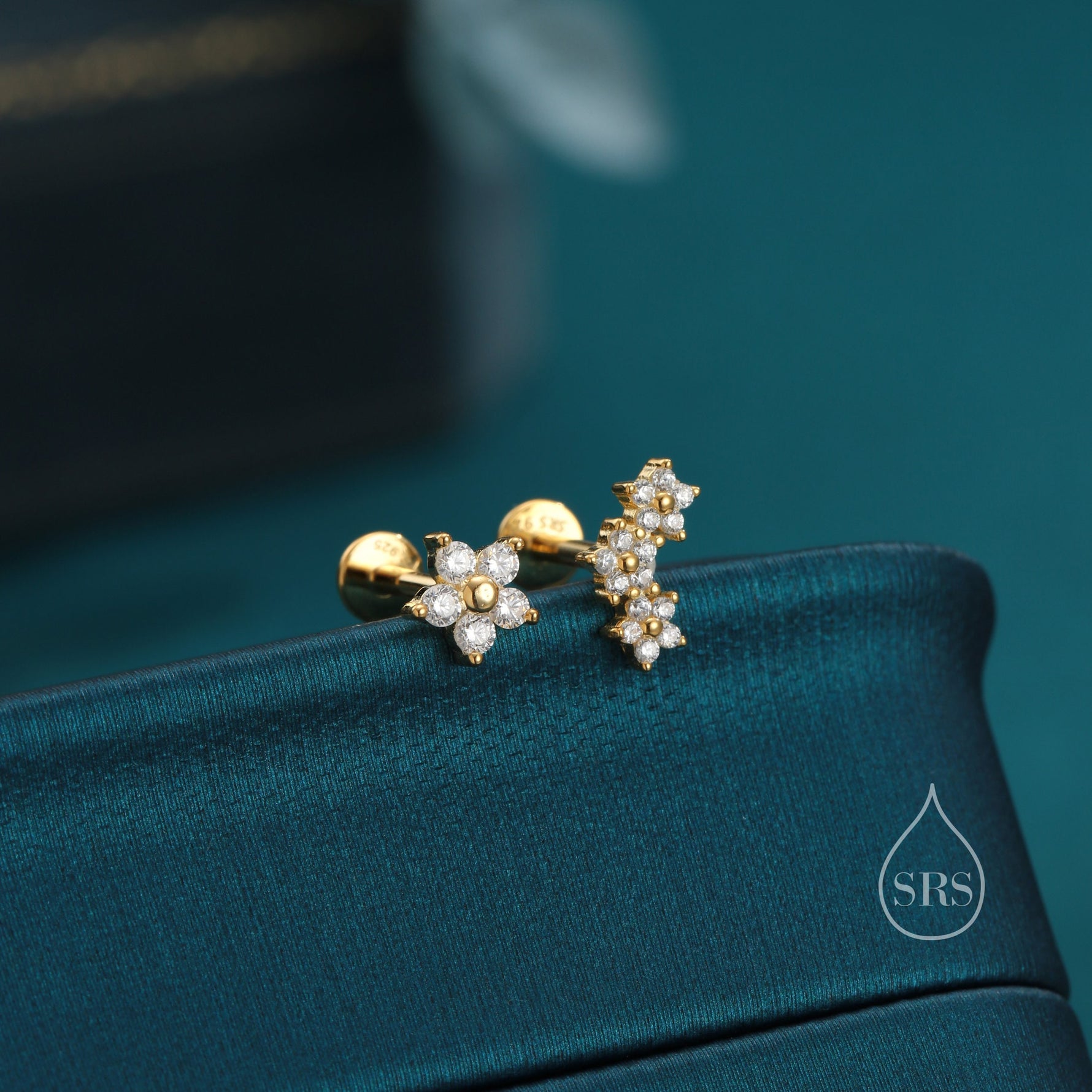 Asymmetric Forget Me Not Flower Bouquet CZ 16G Internally Threaded Flat Back Earrings in Sterling Silver