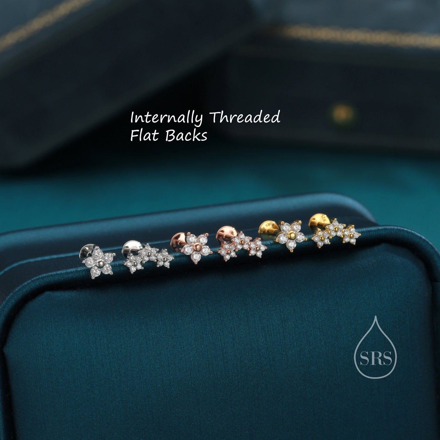 Asymmetric Forget Me Not Flower Bouquet CZ 16G Internally Threaded Flat Back Earrings in Sterling Silver