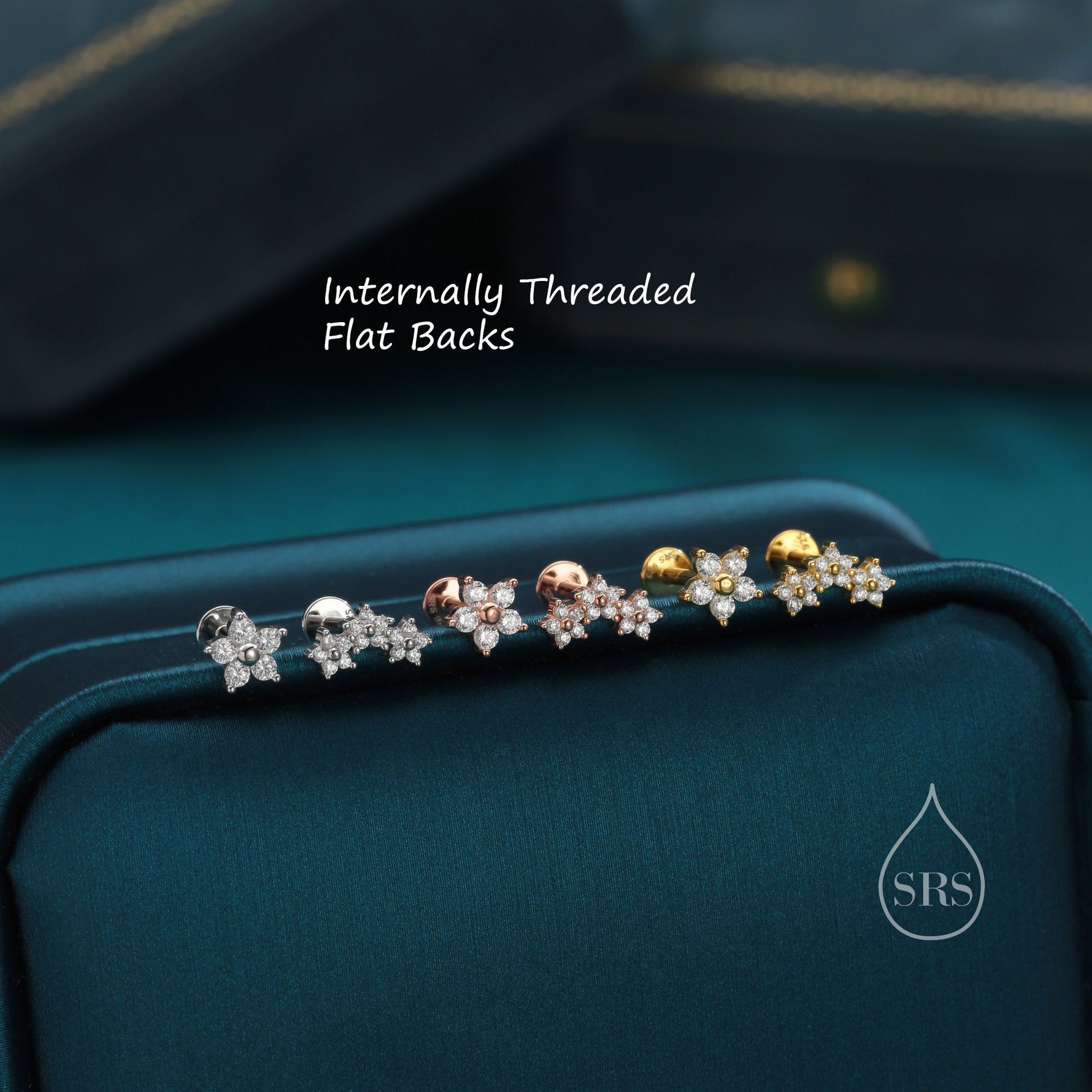 Asymmetric Forget Me Not Flower Bouquet CZ 16G Internally Threaded Flat Back Earrings in Sterling Silver